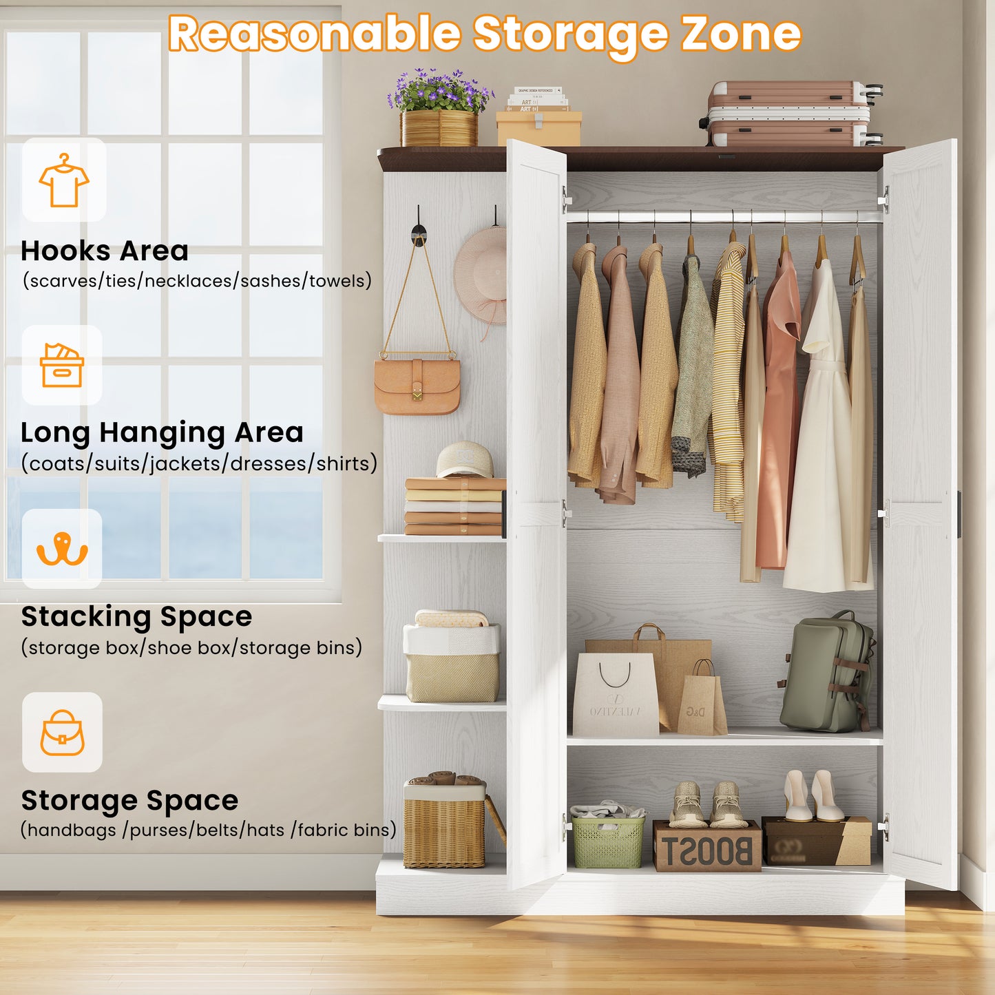 Wardrobe Closet, Modern Bedroom Armoires with 5 Shelves, 2 Doors, Large Wooden Closet Cabinet with 30"W x 52"H Hanging Area, Freestanding Clothing Storage Cabinet, White