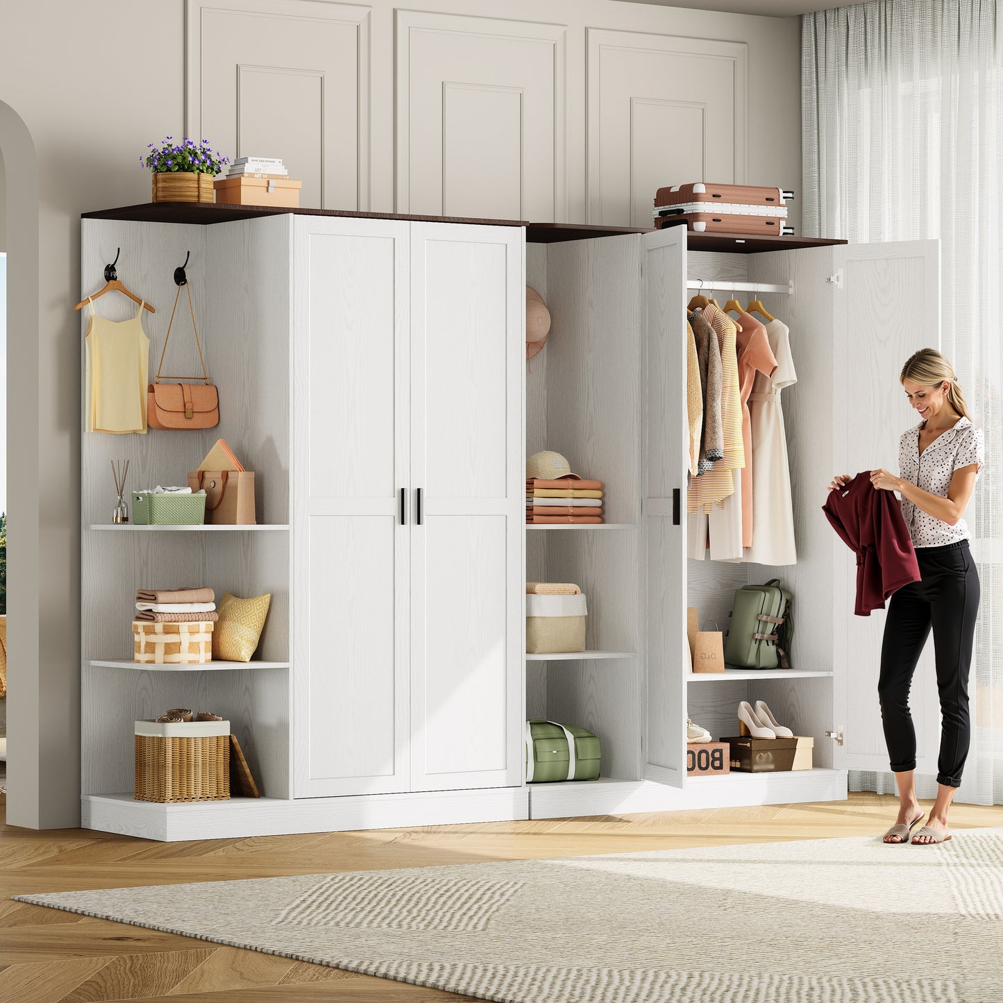 Wardrobe Closet, Modern Bedroom Armoires with 5 Shelves, 2 Doors, Large Wooden Closet Cabinet with 30"W x 52"H Hanging Area, Freestanding Clothing Storage Cabinet, White
