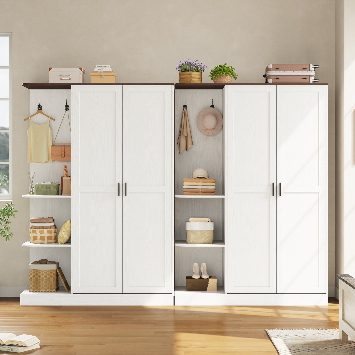 Wardrobe Closet, Modern Bedroom Armoires with 5 Shelves, 2 Doors, Large Wooden Closet Cabinet with 30"W x 52"H Hanging Area, Freestanding Clothing Storage Cabinet, White