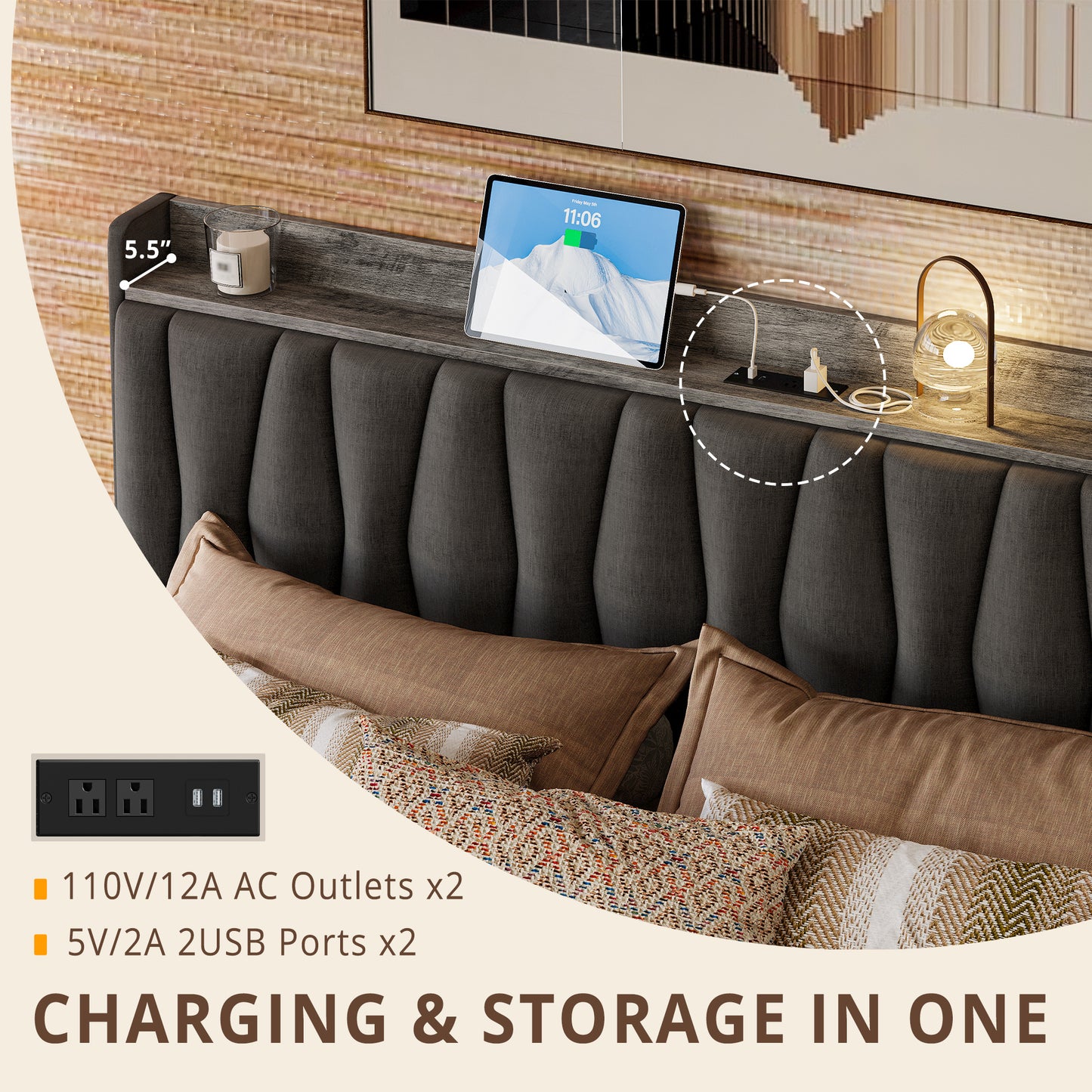 King Size Bed Frame with Storage Headboard and Charging Station, Grey
