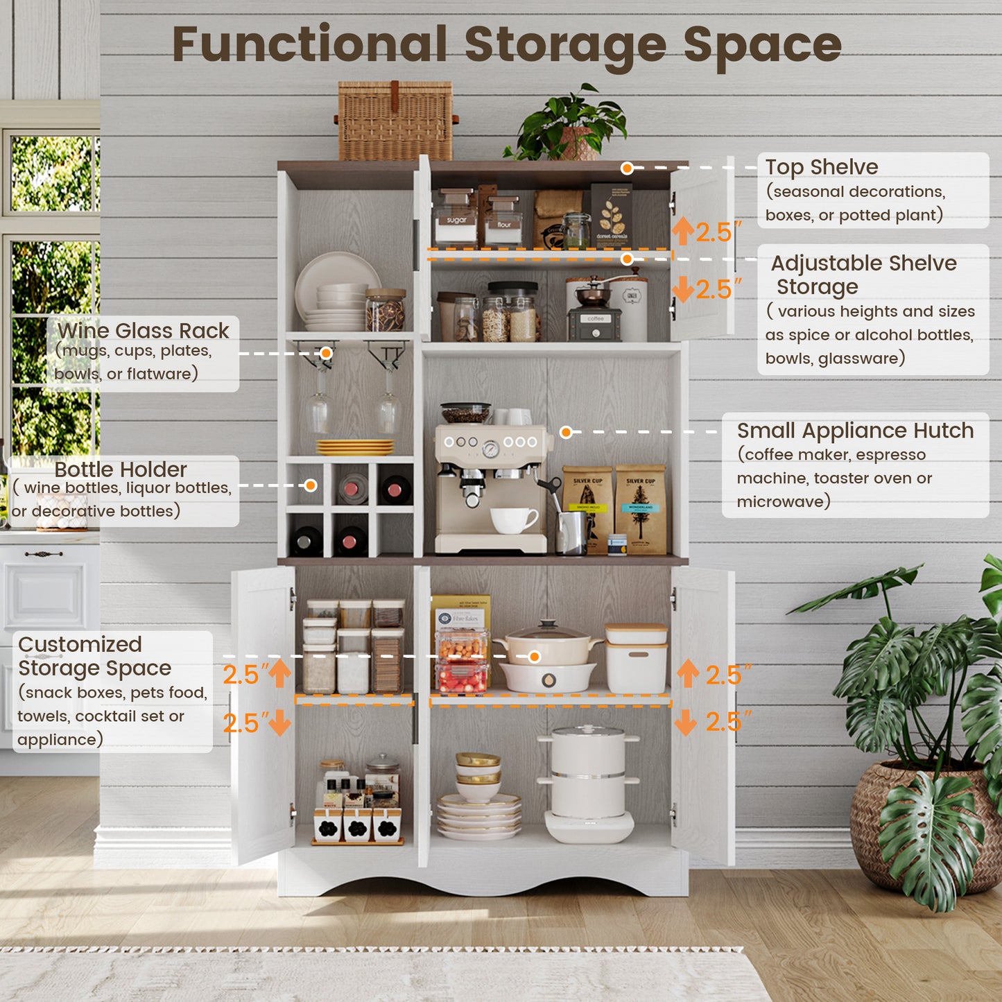 Pantry Cabinet with Wine Racks, 5 Barn Doors, 71" H ×39.4" W, Kitchen Storage Tall Wooden Pantry Cabinets with Doors and Shelves, Freestanding Bar Hutch Cabinets for Kitchen, Dining Room, White