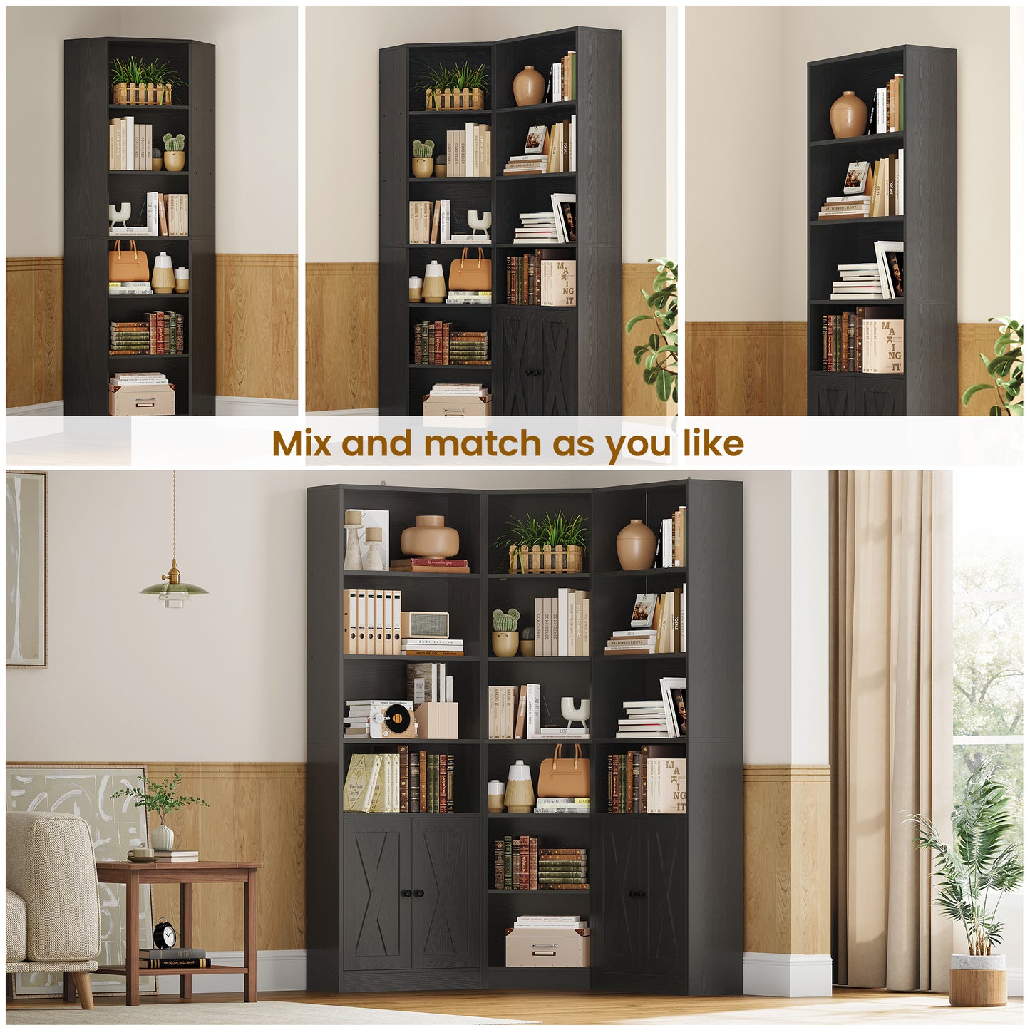 7 Tiers Corner Bookcase with Doors and 2 Storage Cabinets, Large L-Shaped Bookshelf, Tall Corner Book Shelf for Living Room, Study, Black