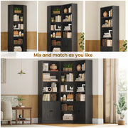 7 Tiers Corner Bookcase with Doors and 2 Storage Cabinets, Large L-Shaped Bookshelf, Tall Corner Book Shelf for Living Room, Study, Black
