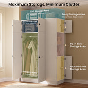 Armoire Wardrobe Closet with Doors Modern White Wardrobe Closet with Adjustable Shelves, 2-Door Storage Cabinets Hanging Rod Folding Zones and Side Storage Tower for Bedroom