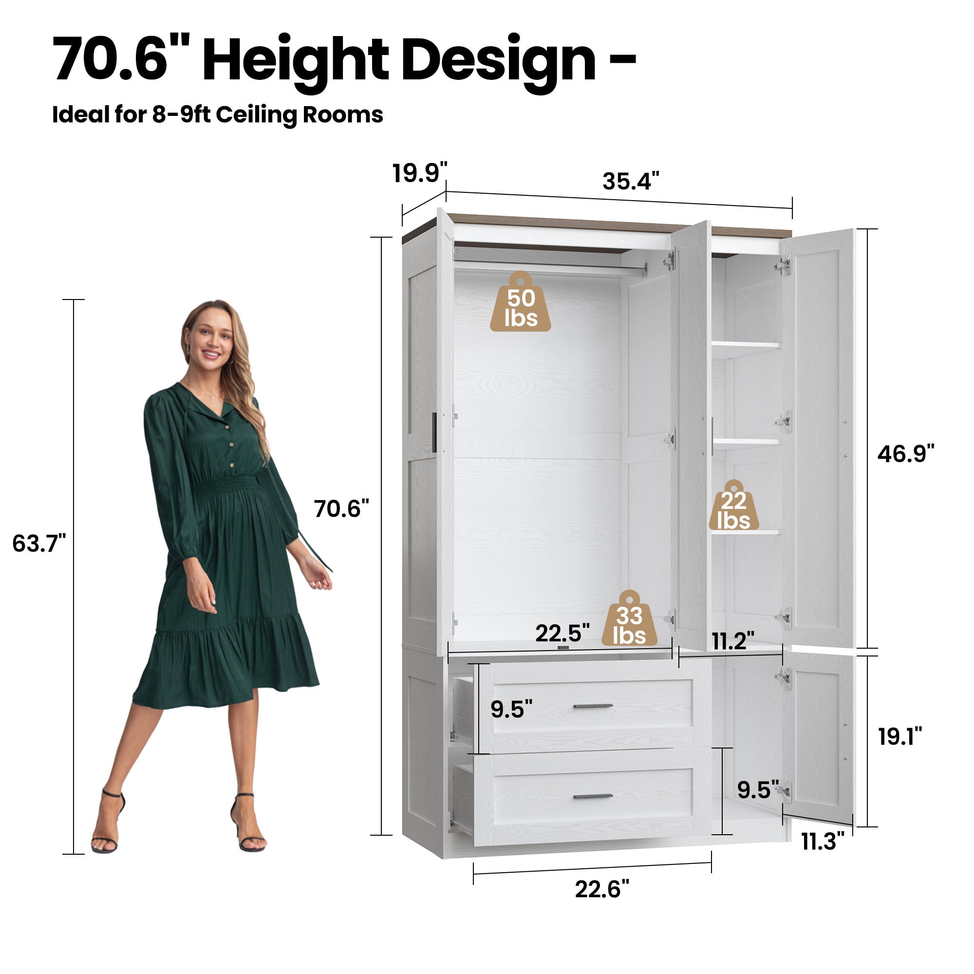 Freestanding Wardrobe Closet 70.6" H, Tall Armoire Wardrobe Closet 3 Doors with Hanging Rod, Drawers, Adjustable Cube Shelves and a Closed Cabinet Organizer Modern Bedroom Clothes Cabinet