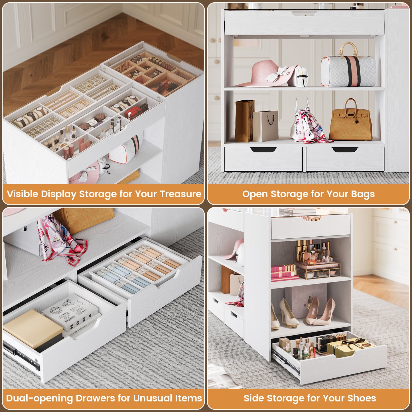 Bedroom Island, 47.4”W Wardrobe Closet Armoire Island with 8 Drawers Glass Top, Jewelry Center Island for Walk in Closet, Dresser for Bedroom Cloakroom Store, White