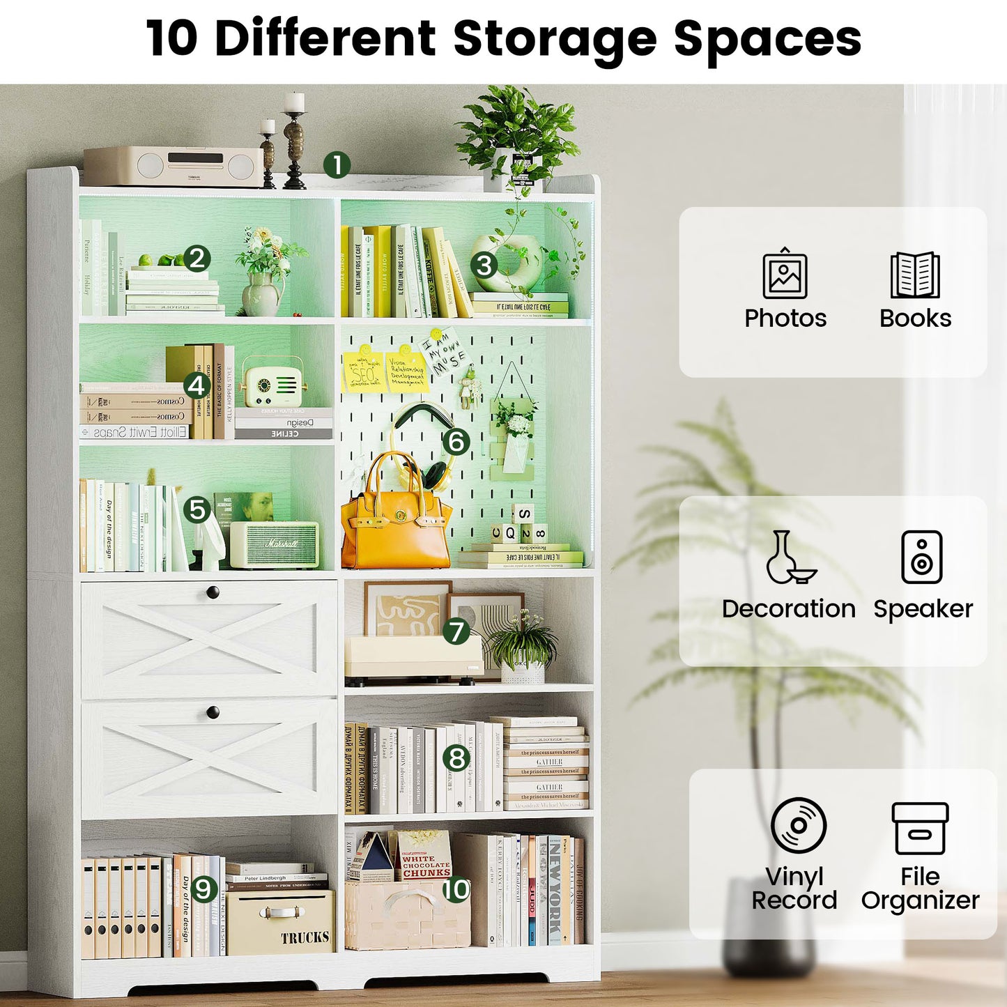 Bookshelf and Bookcase 55" W x 79" H, with LED Lights, 2 Deep Drawers, 7-Tier Double Wide Bookshelves with Pegboard, Freestanding Display Cabinet for Home Office, Living Room, White