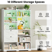 Bookshelf and Bookcase 55" W x 79" H, with LED Lights, 2 Deep Drawers, 7-Tier Double Wide Bookshelves with Pegboard, Freestanding Display Cabinet for Home Office, Living Room, White
