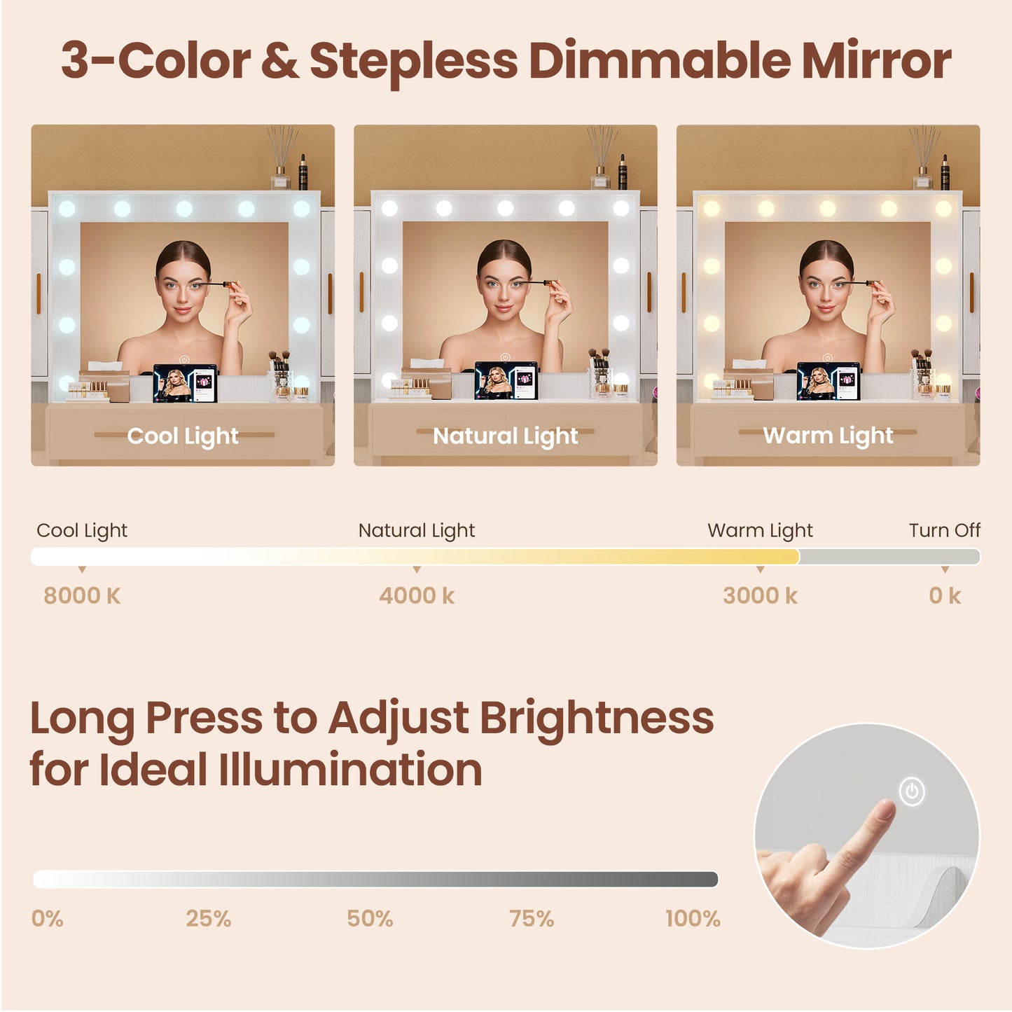 58.4" Large Makeup Vanity with Mirror, Vanity Set with Stool Lights 8 Drawers 2 Glass-Door Cabinets Power Outlet Phone Groove Vanity with Chair Makeup Vanity Desk for Bedroom Dressing Room, White