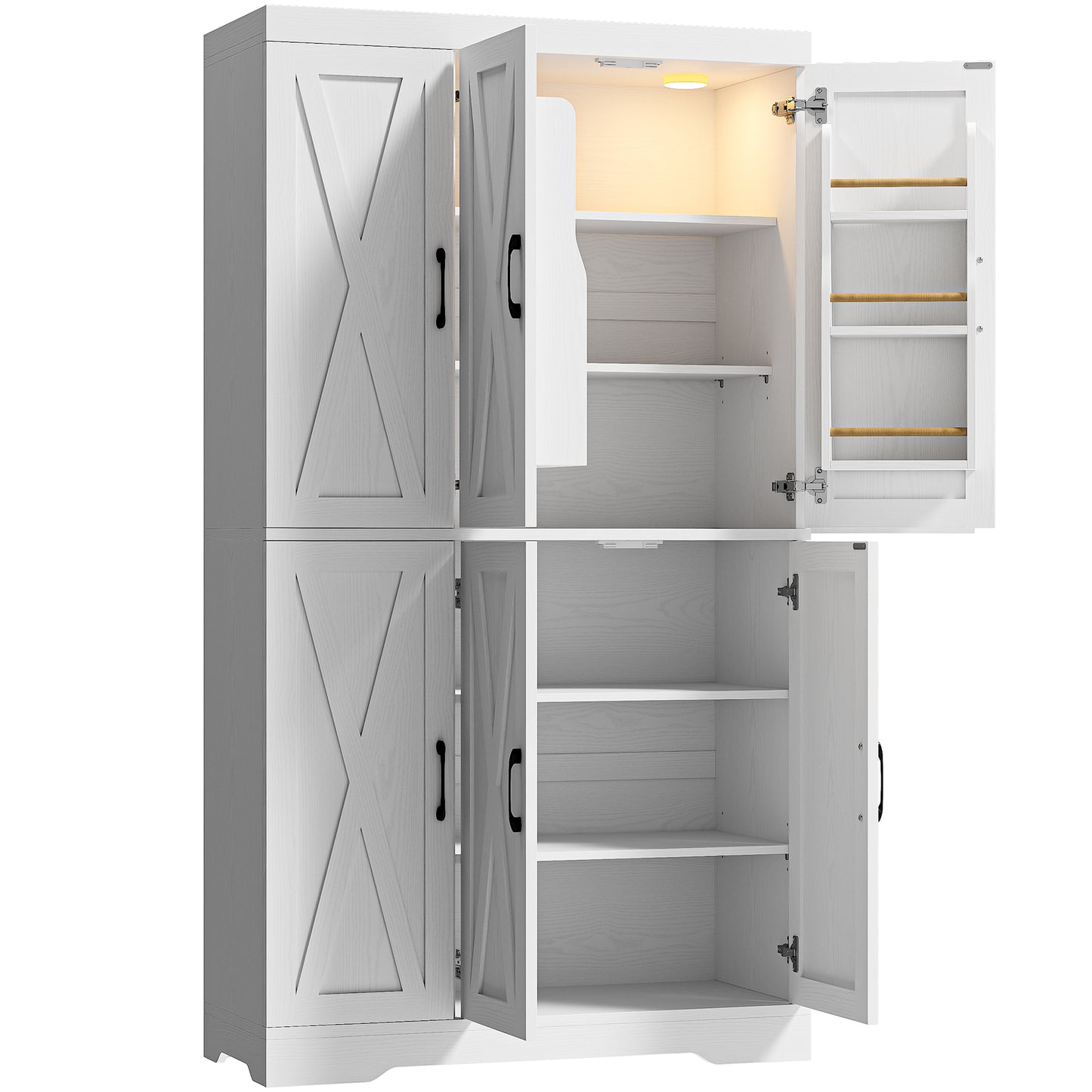 Kitchen Pantry Cabinet with LED Lights, 6 Barn Doors, 39.4" W x 71.3" H, Large Storage Cabinet with 12 Shelves, Freestanding Cupboard with Door Storage Rack for Dining Room, White