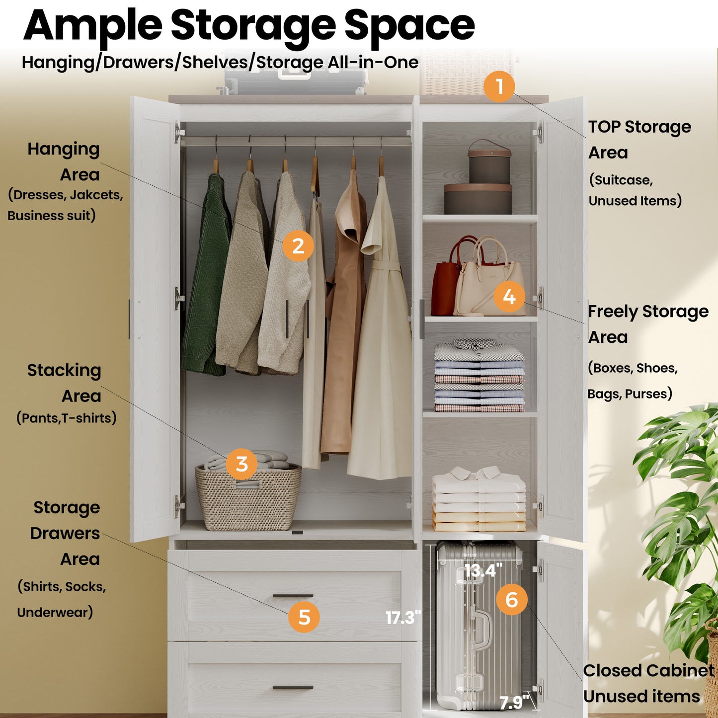 Freestanding Wardrobe Closet 70.6" H, Tall Armoire Wardrobe Closet 3 Doors with Hanging Rod, Drawers, Adjustable Cube Shelves and a Closed Cabinet Organizer Modern Bedroom Clothes Cabinet