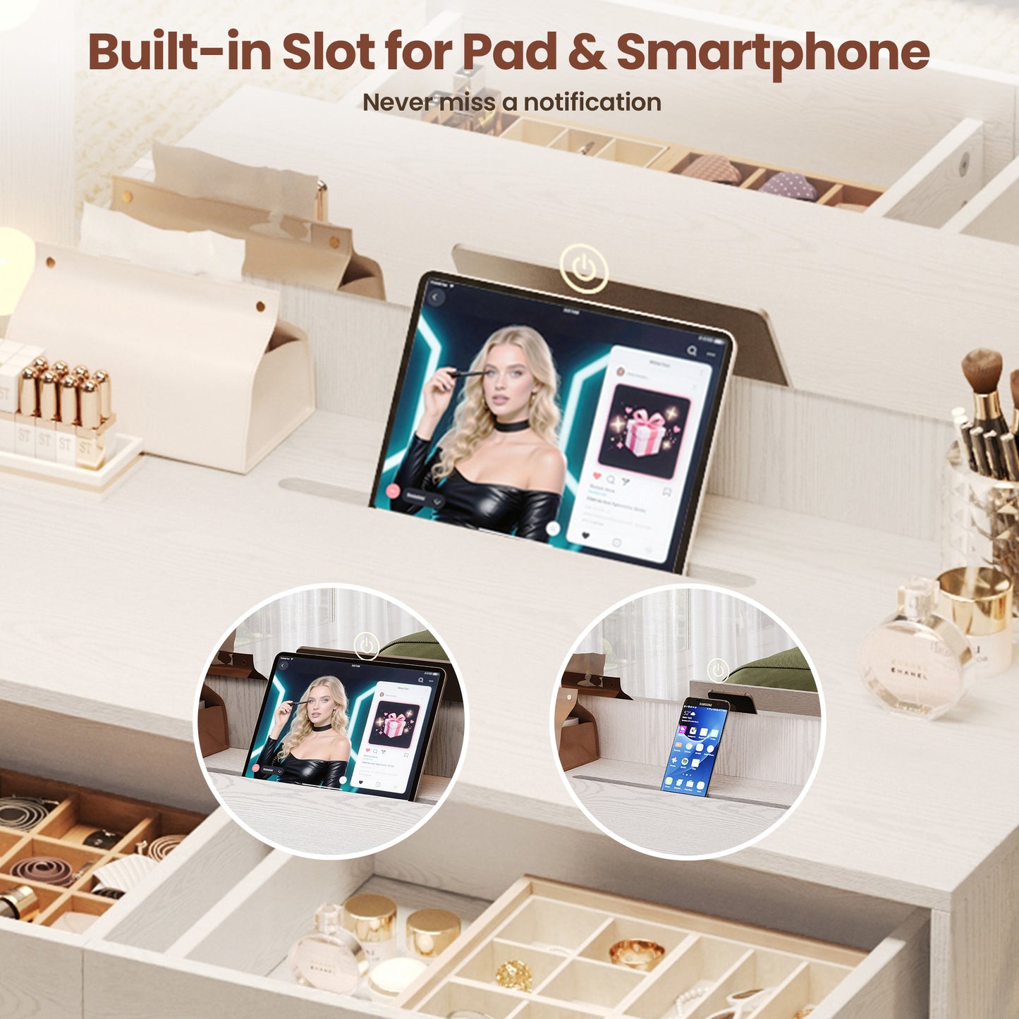 58.4" Large Makeup Vanity with Mirror, Vanity Set with Stool Lights 8 Drawers 2 Glass-Door Cabinets Power Outlet Phone Groove Vanity with Chair Makeup Vanity Desk for Bedroom Dressing Room, White