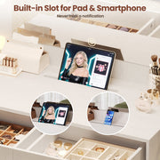 58.4" Large Makeup Vanity with Mirror, Vanity Set with Stool Lights 8 Drawers 2 Glass-Door Cabinets Power Outlet Phone Groove Vanity with Chair Makeup Vanity Desk for Bedroom Dressing Room, White