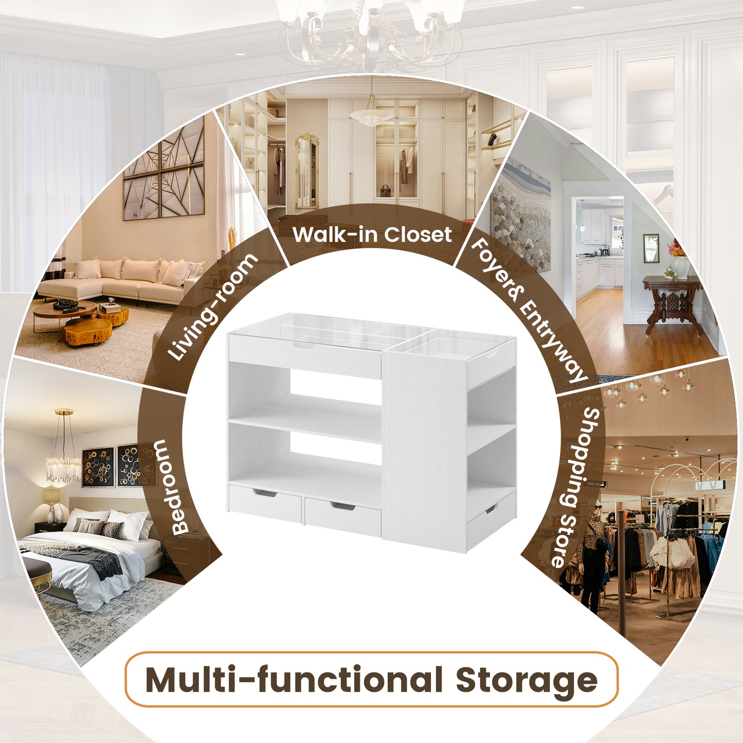 Bedroom Island, 47.4”W Wardrobe Closet Armoire Island with 8 Drawers Glass Top, Jewelry Center Island for Walk in Closet, Dresser for Bedroom Cloakroom Store, White