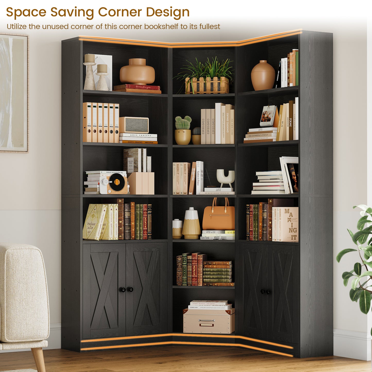 7 Tiers Corner Bookcase with Doors and 2 Storage Cabinets, Large L-Shaped Bookshelf, Tall Corner Book Shelf for Living Room, Study, Black