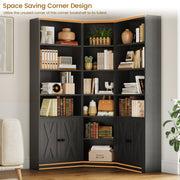 7 Tiers Corner Bookcase with Doors and 2 Storage Cabinets, Large L-Shaped Bookshelf, Tall Corner Book Shelf for Living Room, Study, Black