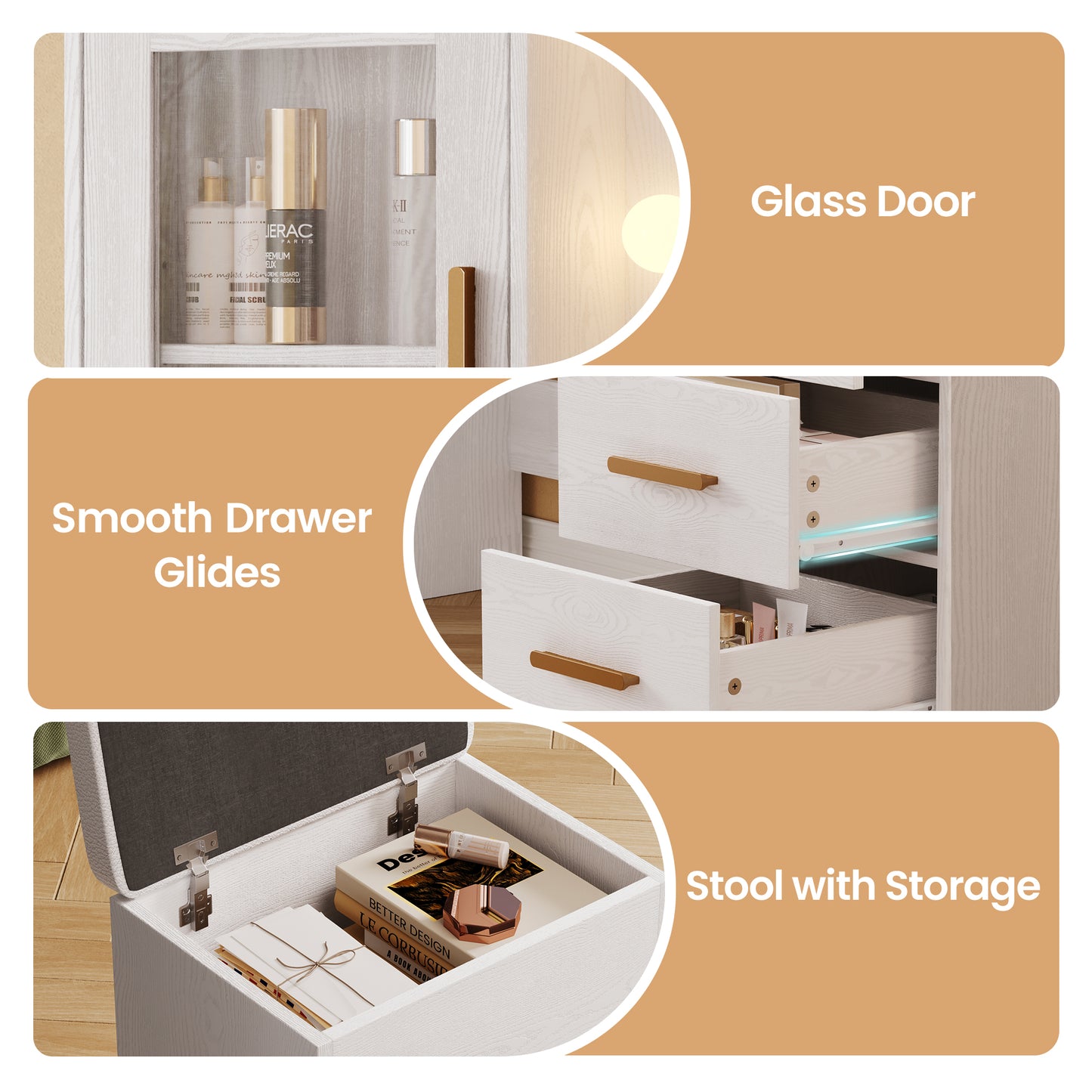 58.4" Large Makeup Vanity with Mirror, Vanity Set with Stool Lights 8 Drawers 2 Glass-Door Cabinets Power Outlet Phone Groove Vanity with Chair Makeup Vanity Desk for Bedroom Dressing Room, White