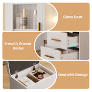 58.4" Large Makeup Vanity with Mirror, Vanity Set with Stool Lights 8 Drawers 2 Glass-Door Cabinets Power Outlet Phone Groove Vanity with Chair Makeup Vanity Desk for Bedroom Dressing Room, White