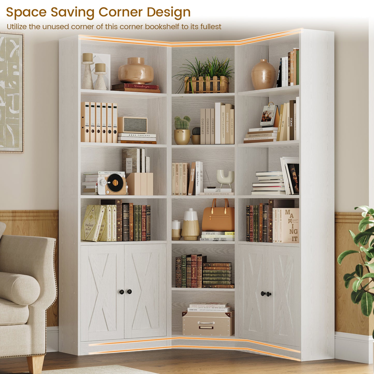 Large Corner Bookshelf with 2 Doors and Storage Cabinets, L-Shaped 7 Tiers Wood Bookcase, Tall Corner Book Shelf for Living Room, Home Office, White