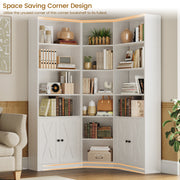 Large Corner Bookshelf with 2 Doors and Storage Cabinets, L-Shaped 7 Tiers Wood Bookcase, Tall Corner Book Shelf for Living Room, Home Office, White