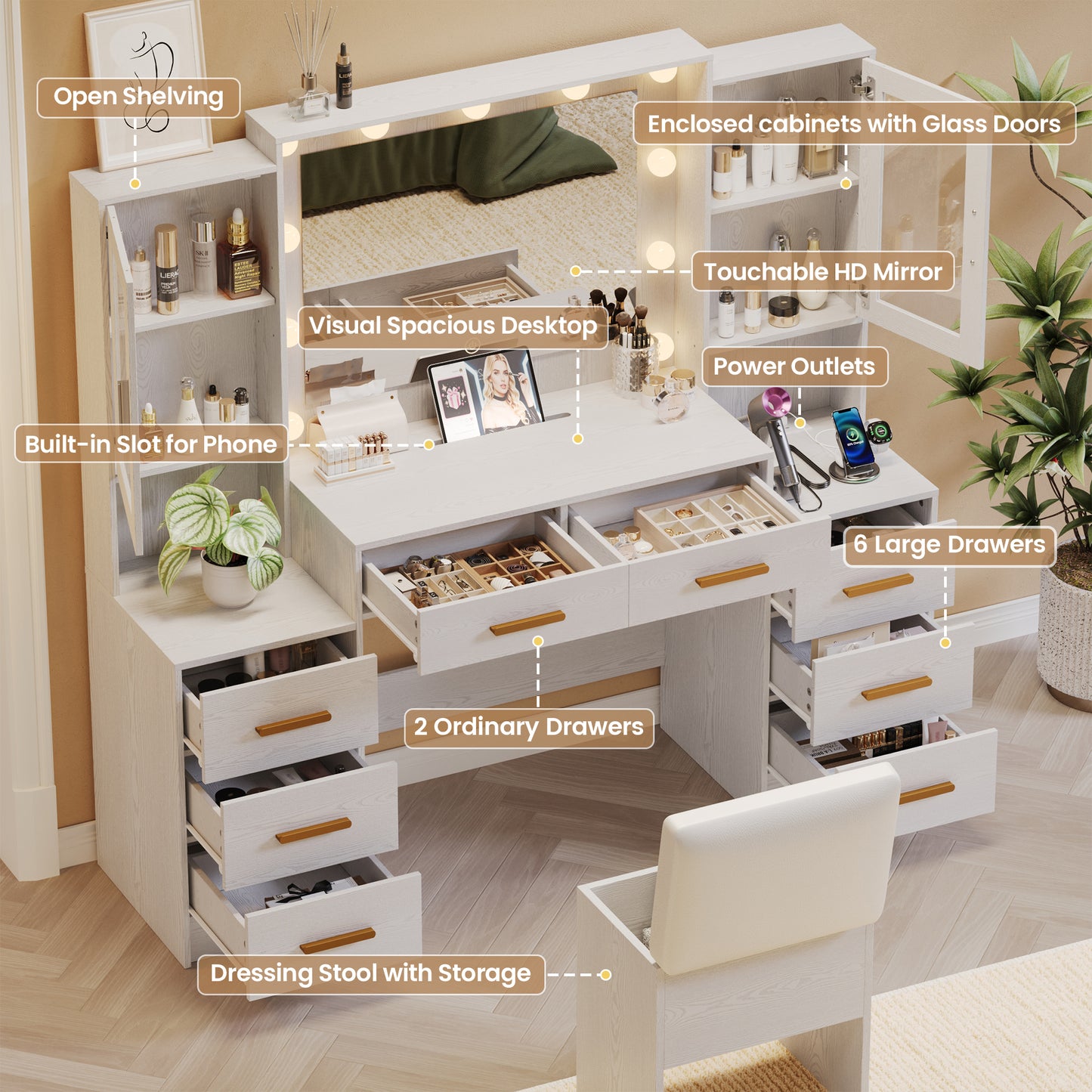 58.4" Large Makeup Vanity with Mirror, Vanity Set with Stool Lights 8 Drawers 2 Glass-Door Cabinets Power Outlet Phone Groove Vanity with Chair Makeup Vanity Desk for Bedroom Dressing Room, White
