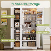 Kitchen Pantry Cabinet with LED Lights, 6 Barn Doors, 39.4" W x 71.3" H, Large Storage Cabinet with 12 Shelves, Freestanding Cupboard with Door Storage Rack for Dining Room, White