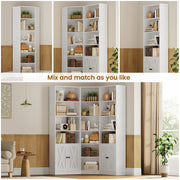 Large Corner Bookshelf with 2 Doors and Storage Cabinets, L-Shaped 7 Tiers Wood Bookcase, Tall Corner Book Shelf for Living Room, Home Office, White
