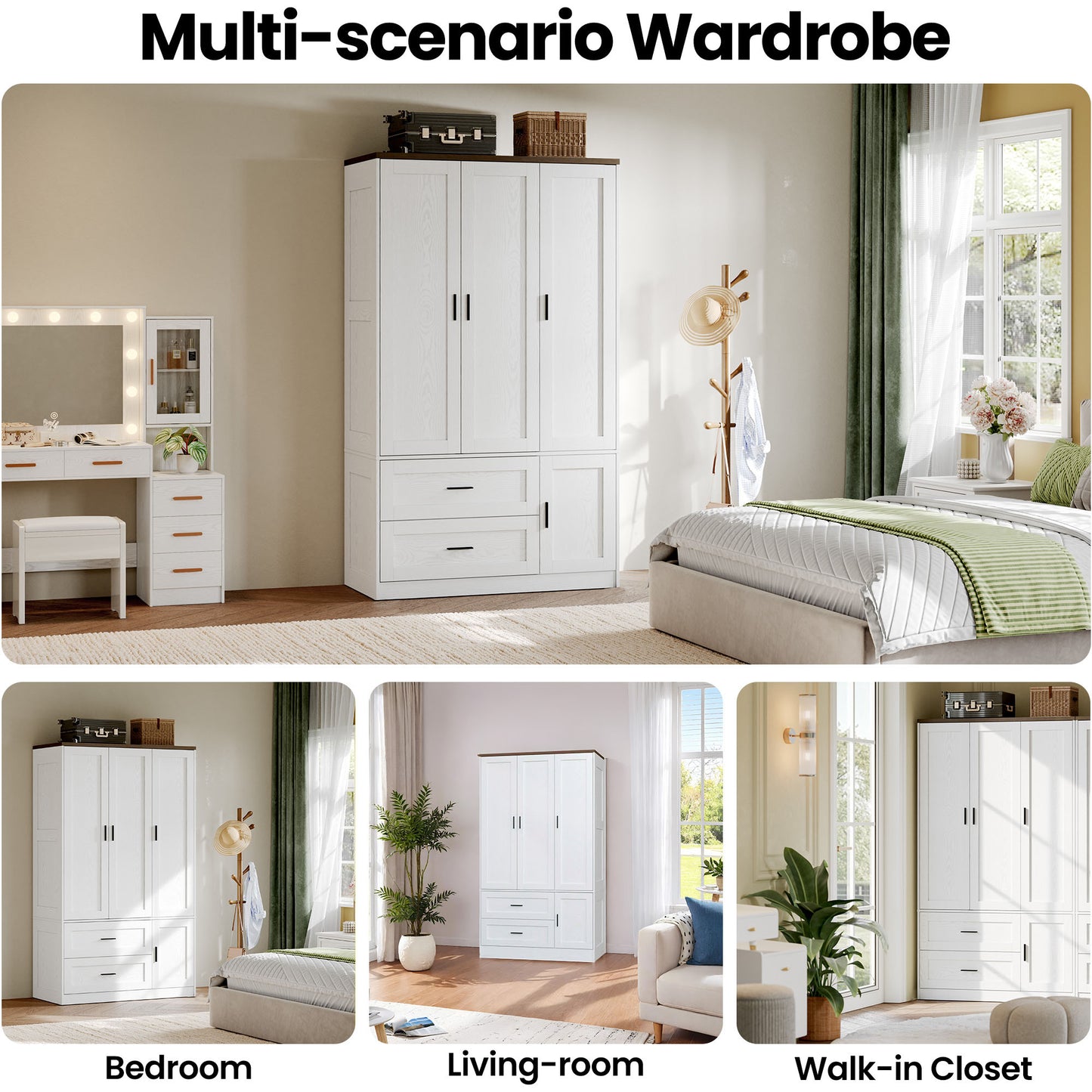 Freestanding Wardrobe Closet 70.6" H, Tall Armoire Wardrobe Closet 3 Doors with Hanging Rod, Drawers, Adjustable Cube Shelves and a Closed Cabinet Organizer Modern Bedroom Clothes Cabinet