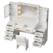 58.4" Large Makeup Vanity with Mirror, Vanity Set with Stool Lights 8 Drawers 2 Glass-Door Cabinets Power Outlet Phone Groove Vanity with Chair Makeup Vanity Desk for Bedroom Dressing Room, White