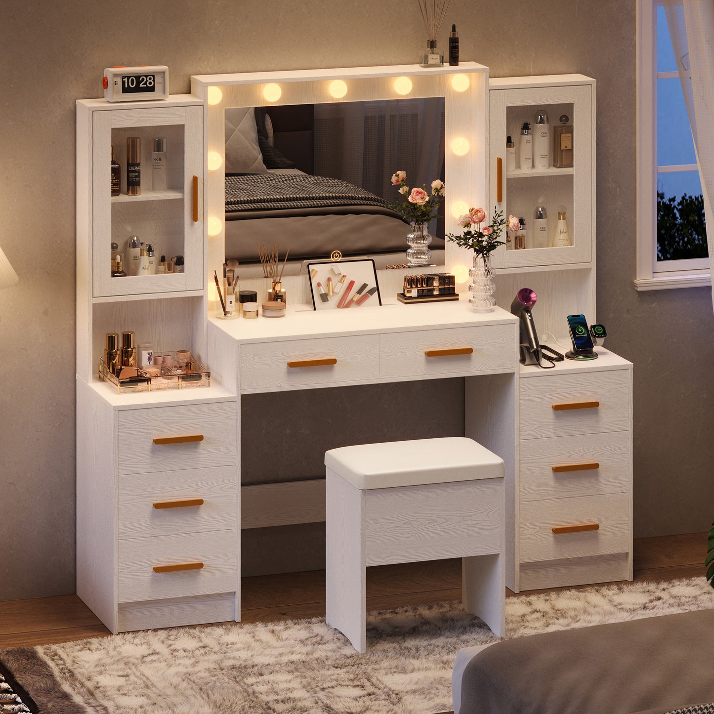 58.4" Large Makeup Vanity with Mirror, Vanity Set with Stool Lights 8 Drawers 2 Glass-Door Cabinets Power Outlet Phone Groove Vanity with Chair Makeup Vanity Desk for Bedroom Dressing Room, White