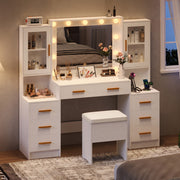 58.4" Large Makeup Vanity with Mirror, Vanity Set with Stool Lights 8 Drawers 2 Glass-Door Cabinets Power Outlet Phone Groove Vanity with Chair Makeup Vanity Desk for Bedroom Dressing Room, White