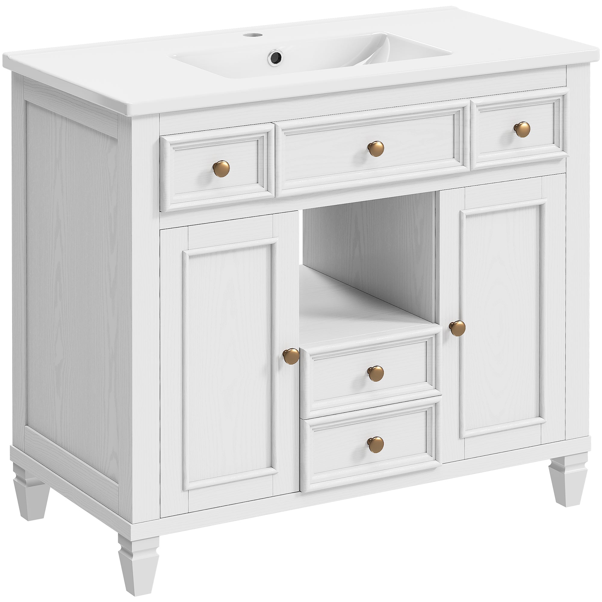 36 Inch Bathroom Vanity with Sink, White Modern Single Sink Vanity with 4 Drawers, 2 Doors and Solid Wood Legs