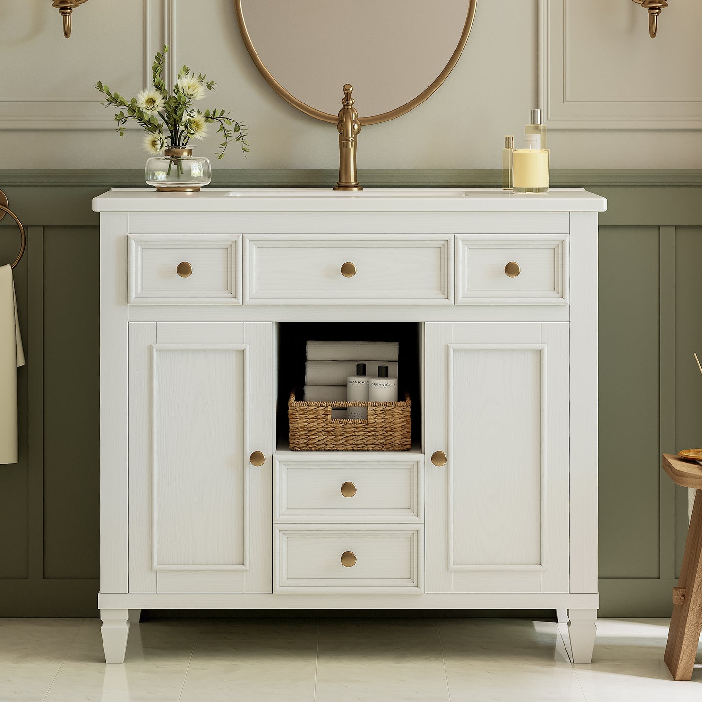 36 Inch Bathroom Vanity with Sink, White Modern Single Sink Vanity with 4 Drawers, 2 Doors and Solid Wood Legs