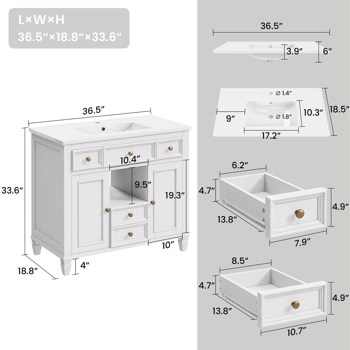 36 Inch Bathroom Vanity with Sink, White Modern Single Sink Vanity with 4 Drawers, 2 Doors and Solid Wood Legs