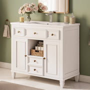 36 Inch Bathroom Vanity with Sink, White Modern Single Sink Vanity with 4 Drawers, 2 Doors and Solid Wood Legs