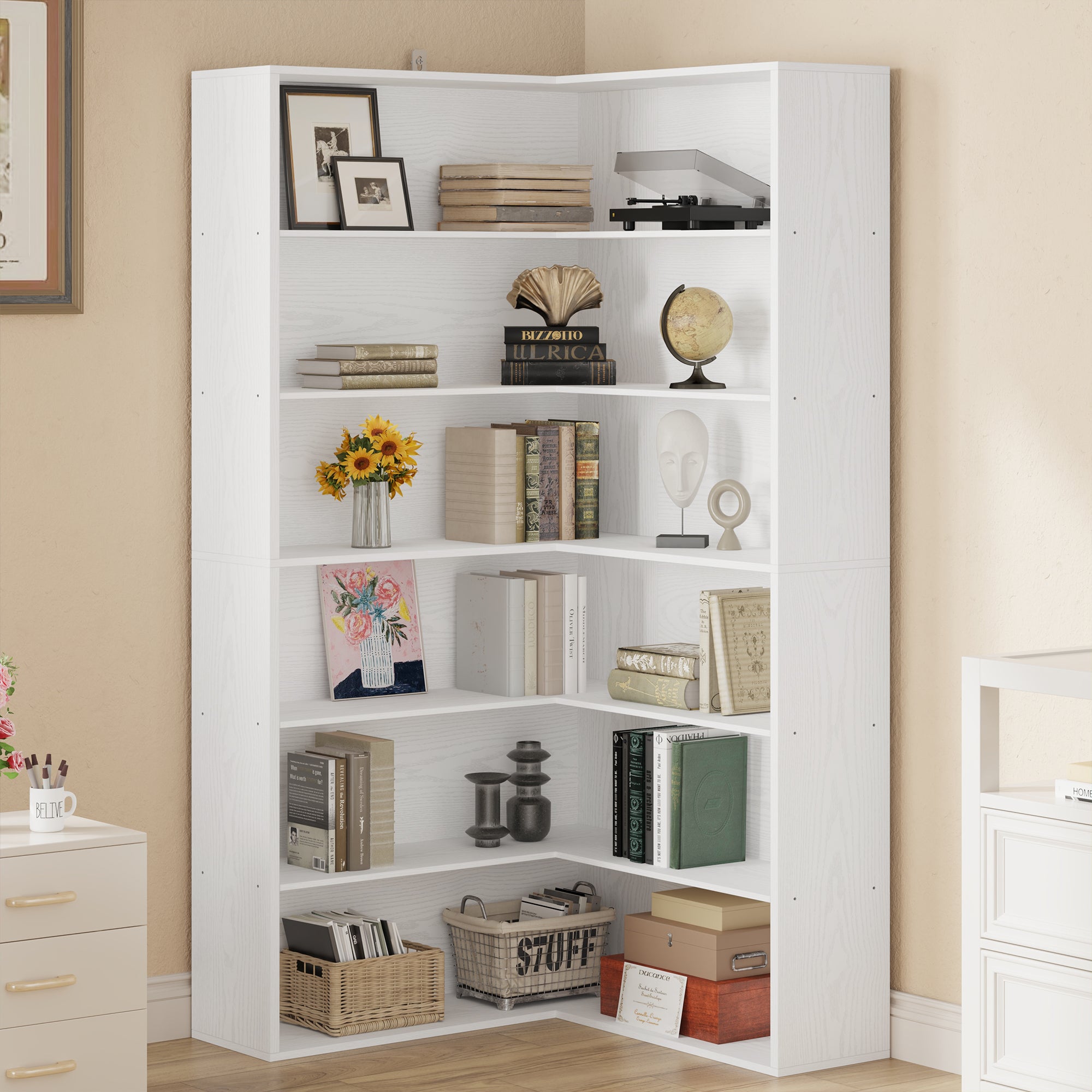 ANCTOR Corner Bookshelf, 6 Tiers Corner Bookcases with Baffles Etagere Shelf Storage Rack for Living Room Home Office