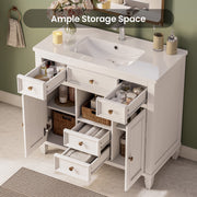 36 Inch Bathroom Vanity with Sink, White Modern Single Sink Vanity with 4 Drawers, 2 Doors and Solid Wood Legs