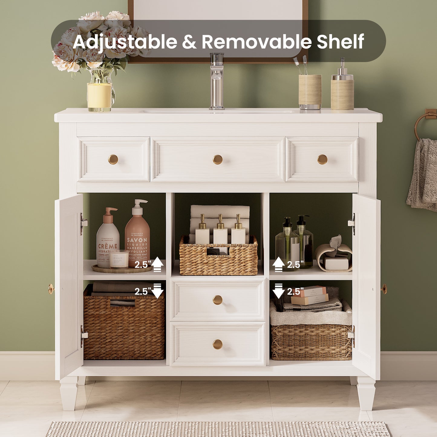 36 Inch Bathroom Vanity with Sink, White Modern Single Sink Vanity with 4 Drawers, 2 Doors and Solid Wood Legs