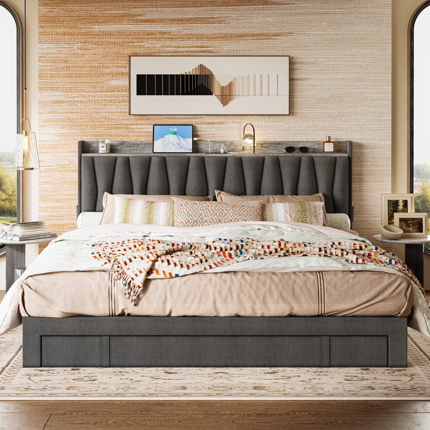 King Size Bed Frame with Storage Headboard and Charging Station, Grey