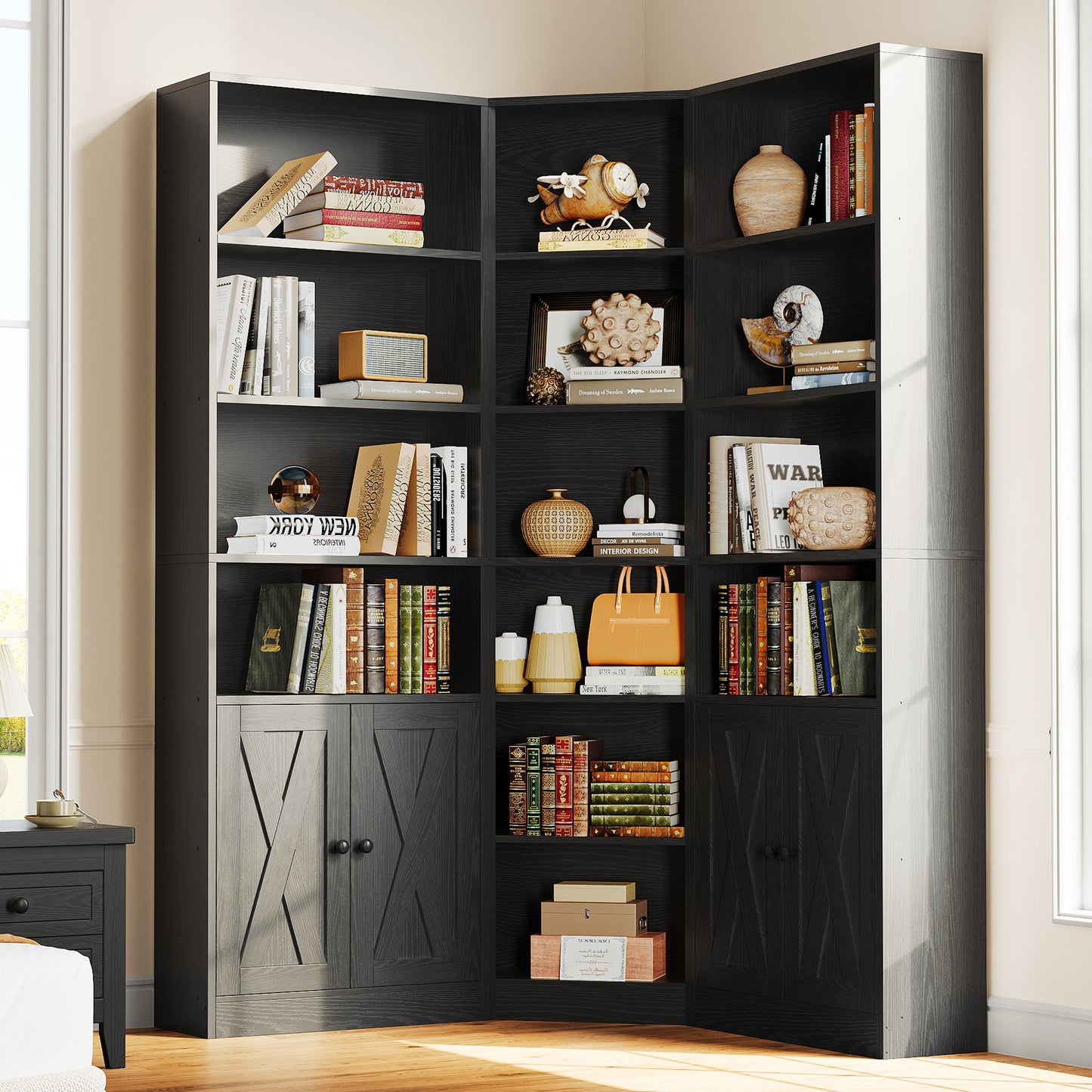 7 Tiers Corner Bookcase with Doors and 2 Storage Cabinets, Large L-Shaped Bookshelf, Tall Corner Book Shelf for Living Room, Study, Black