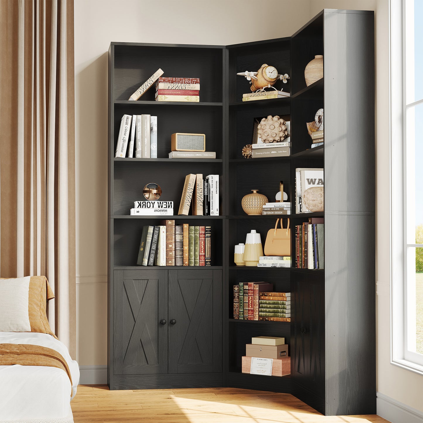 7 Tiers Corner Bookcase with Doors and 2 Storage Cabinets, Large L-Shaped Bookshelf, Tall Corner Book Shelf for Living Room, Study, Black
