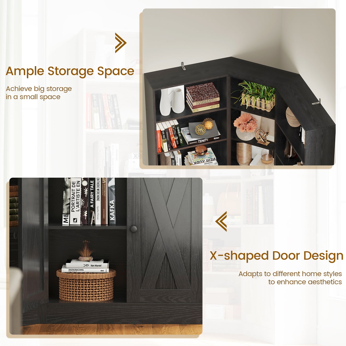 7 Tiers Corner Bookcase with Doors and 2 Storage Cabinets, Large L-Shaped Bookshelf, Tall Corner Book Shelf for Living Room, Study, Black