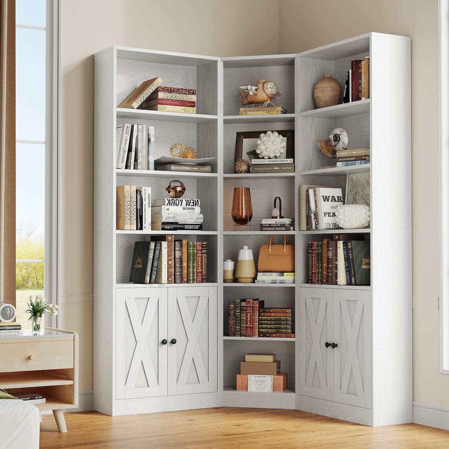 Large Corner Bookshelf with 2 Doors and Storage Cabinets, L-Shaped 7 Tiers Wood Bookcase, Tall Corner Book Shelf for Living Room, Home Office, White