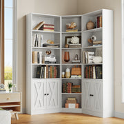 Large Corner Bookshelf with 2 Doors and Storage Cabinets, L-Shaped 7 Tiers Wood Bookcase, Tall Corner Book Shelf for Living Room, Home Office, White