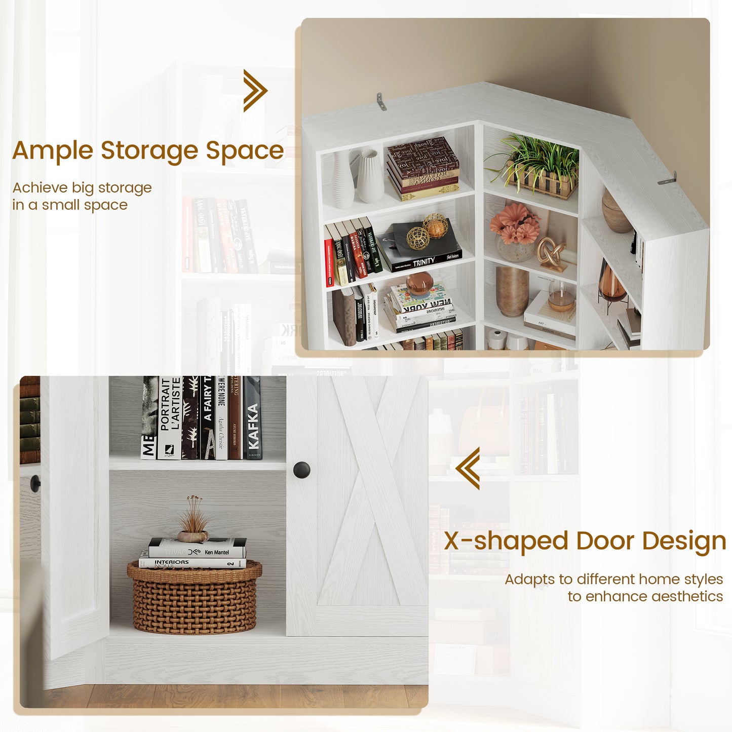 Large Corner Bookshelf with 2 Doors and Storage Cabinets, L-Shaped 7 Tiers Wood Bookcase, Tall Corner Book Shelf for Living Room, Home Office, White