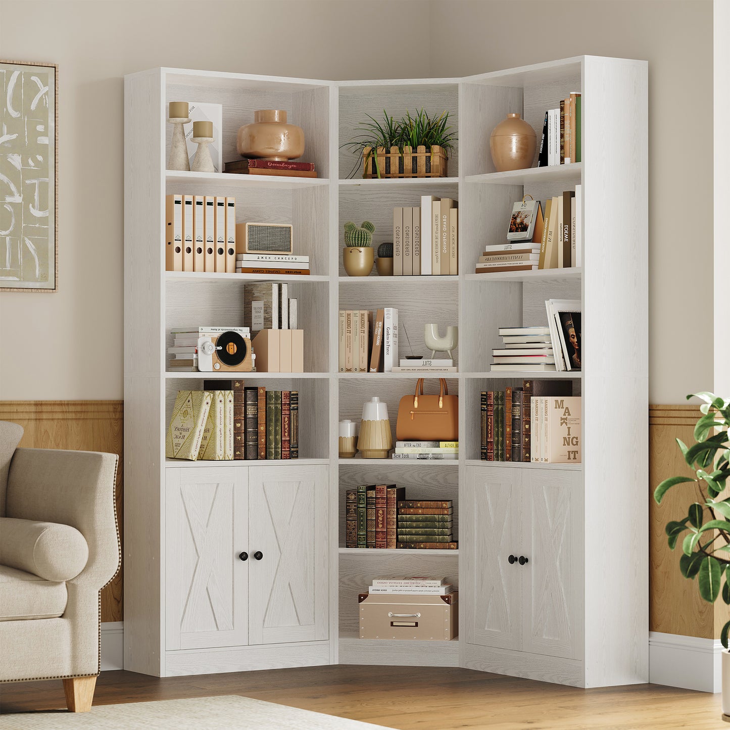 Large Corner Bookshelf with 2 Doors and Storage Cabinets, L-Shaped 7 Tiers Wood Bookcase, Tall Corner Book Shelf for Living Room, Home Office, White