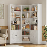 Large Corner Bookshelf with 2 Doors and Storage Cabinets, L-Shaped 7 Tiers Wood Bookcase, Tall Corner Book Shelf for Living Room, Home Office, White