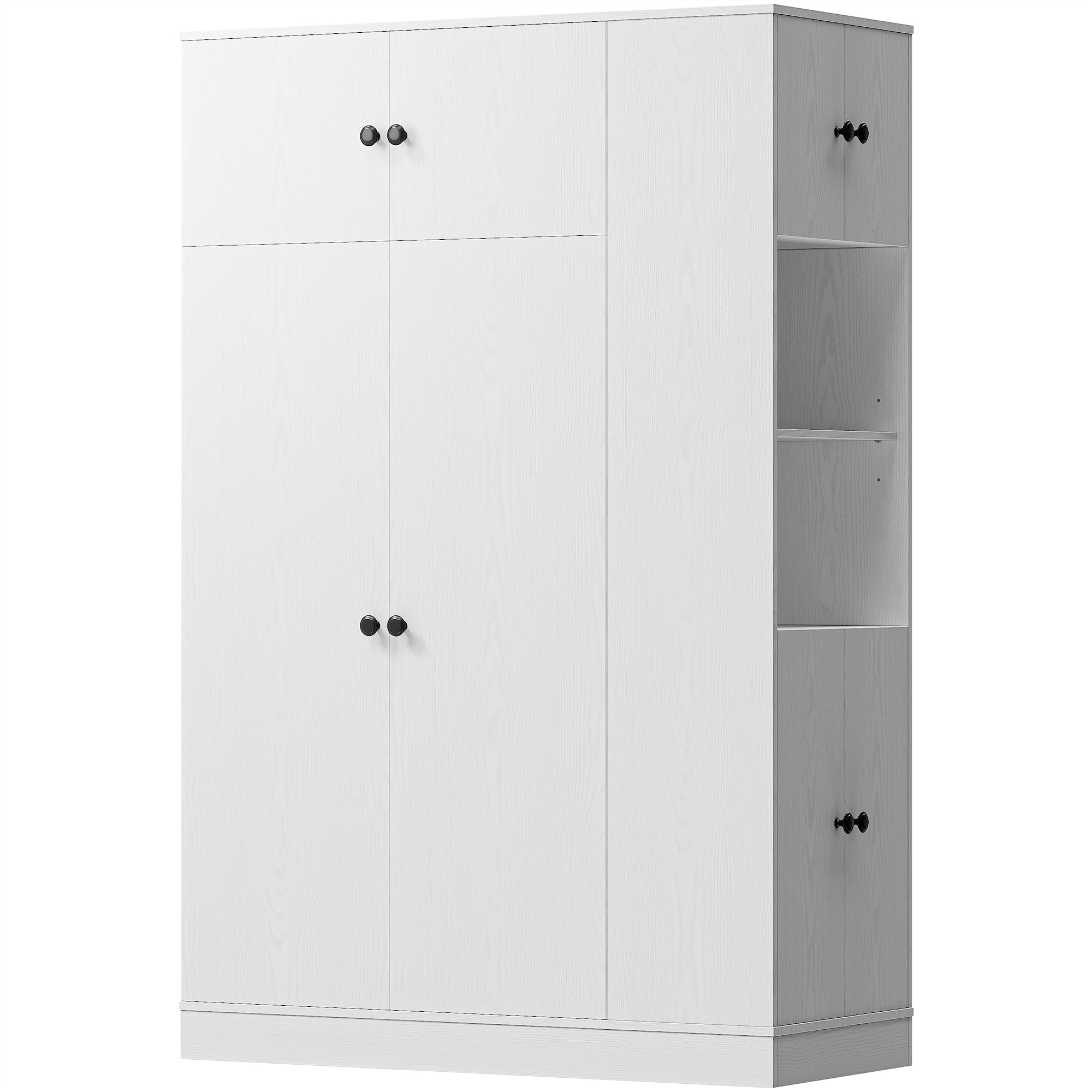 Armoire Wardrobe Closet with Doors Modern White Wardrobe Closet with Adjustable Shelves, 2-Door Storage Cabinets Hanging Rod Folding Zones and Side Storage Tower for Bedroom