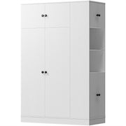 Armoire Wardrobe Closet with Doors Modern White Wardrobe Closet with Adjustable Shelves, 2-Door Storage Cabinets Hanging Rod Folding Zones and Side Storage Tower for Bedroom