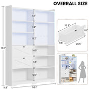 Bookshelf and Bookcase 55" W x 79" H, with LED Lights, 2 Deep Drawers, 7-Tier Double Wide Bookshelves with Pegboard, Freestanding Display Cabinet for Home Office, Living Room, White